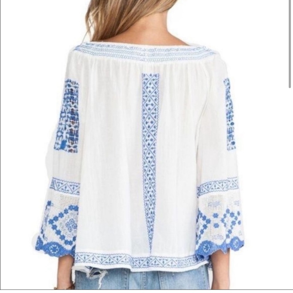 FREE PEOPLE Silver Springs Blue White Embroidered Top Small - Picture 2 of 7